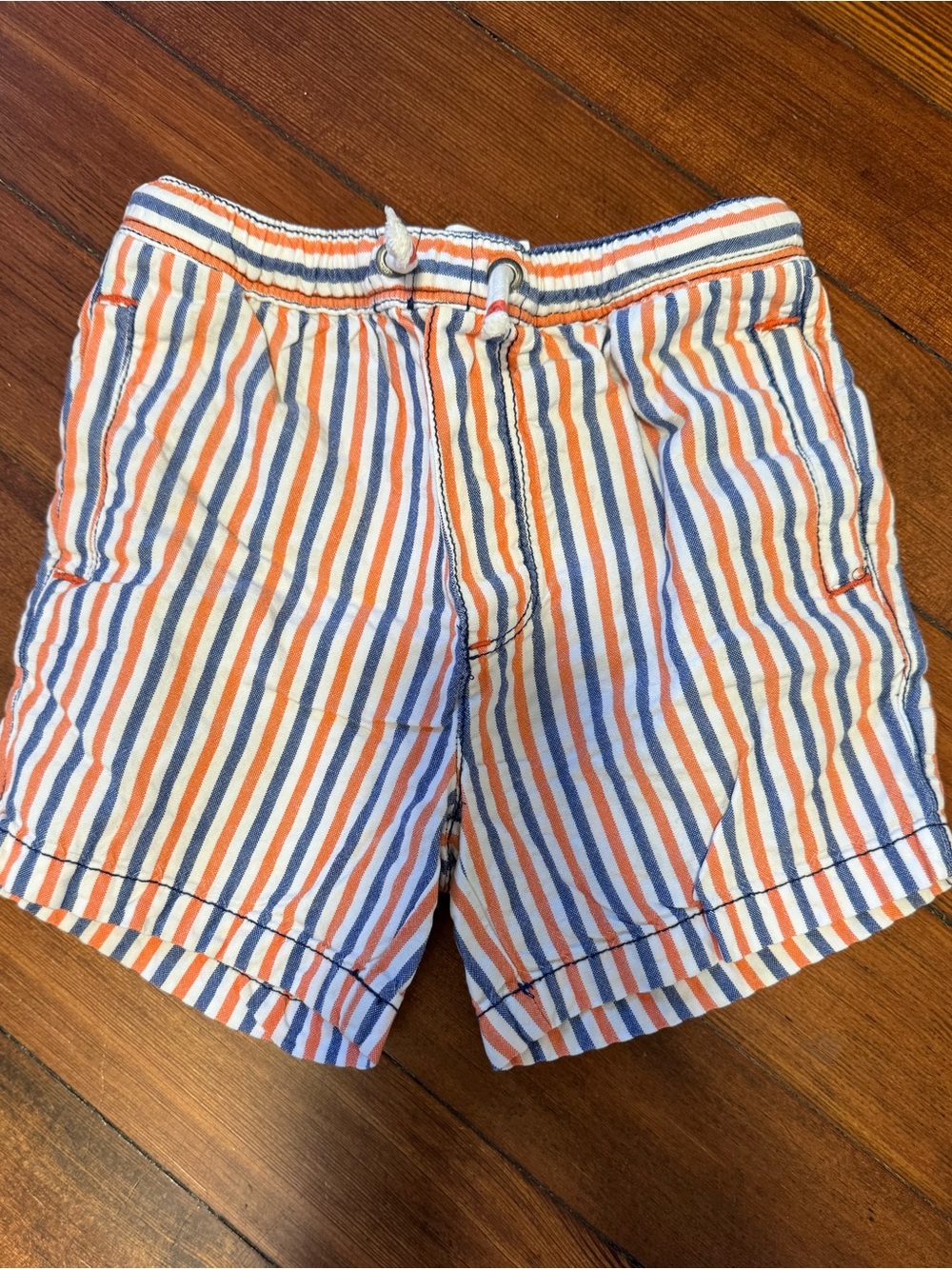 Mini Boden Orange, Blue, & White Striped Oxford Cotton Shorts